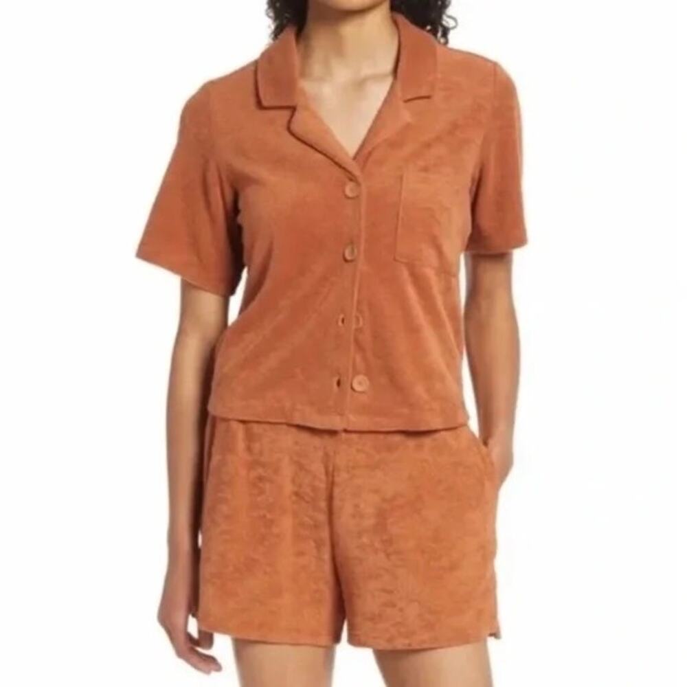 Marine Layer S/M Sierra Brown Terry Out Resort Short Sleeve Button Up Camp Shirt
